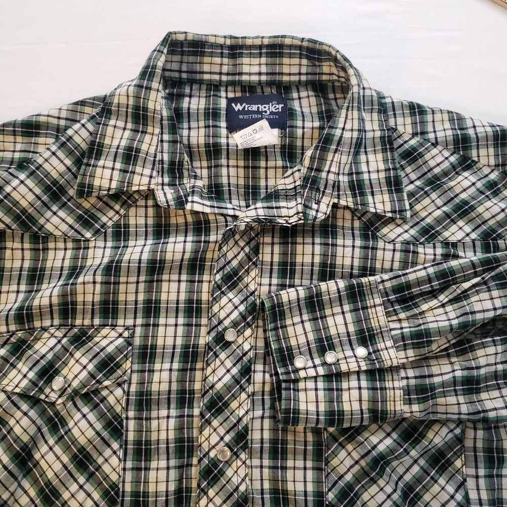 Wrangler Western Mens Pearl Snap Shirt Green Black Plaid Cowboy See Measurements